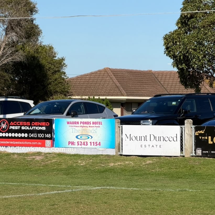 Access Denied Pest Solutions sponsor banner at Barwon Soccer Club